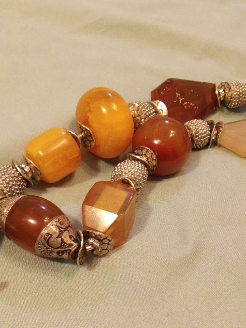 Real Amber-Tone Glass Bead Necklace with Silver Monkey Pendant